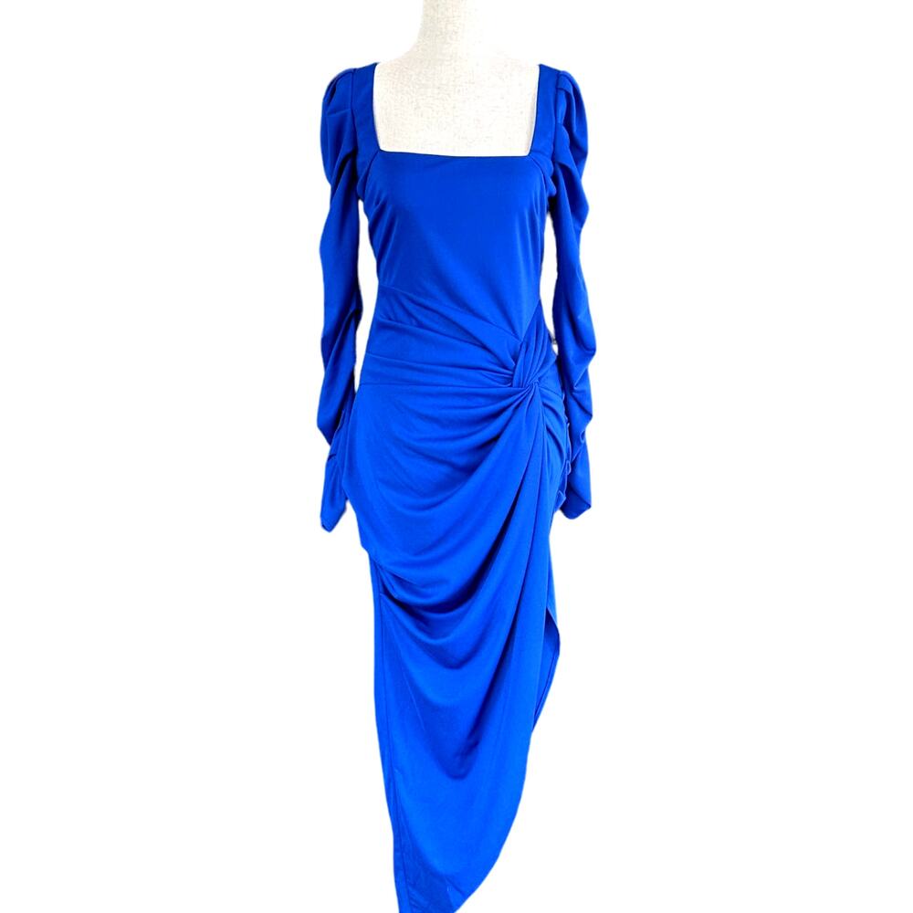 One33 Social Blue Long Sleeve Asymmetrical Hem Ruched Bodycon Dress Size 2